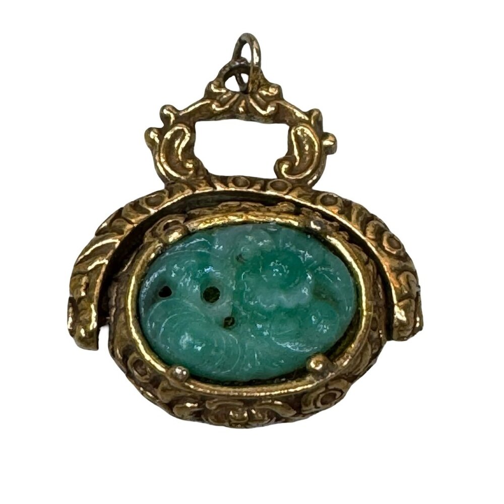 Antique Victorian JADE Gold tone Spinner FLORAL Watch FOB Charm Pendant